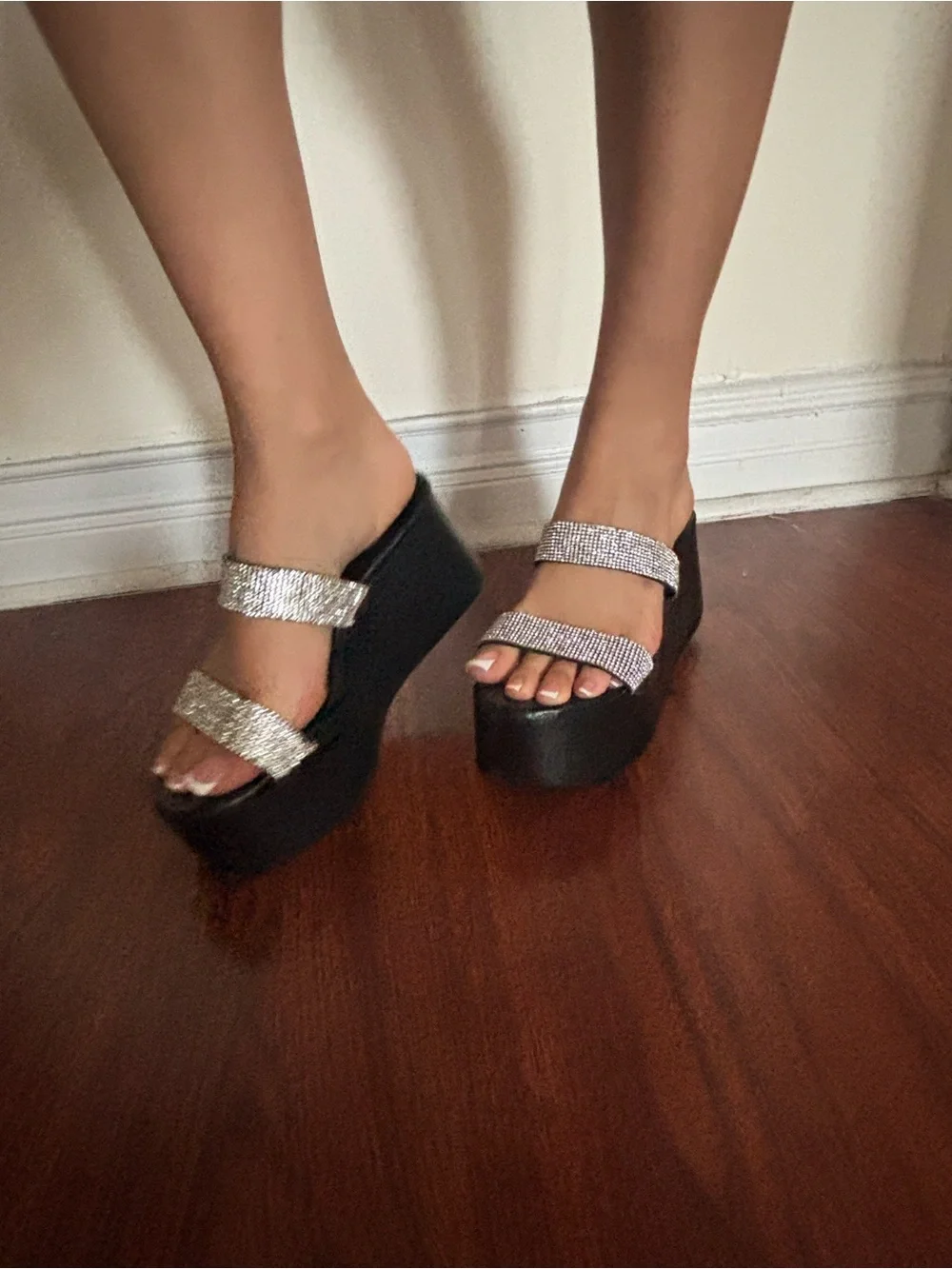 Platform Slide Sandals with Rhinestone Straps - Black